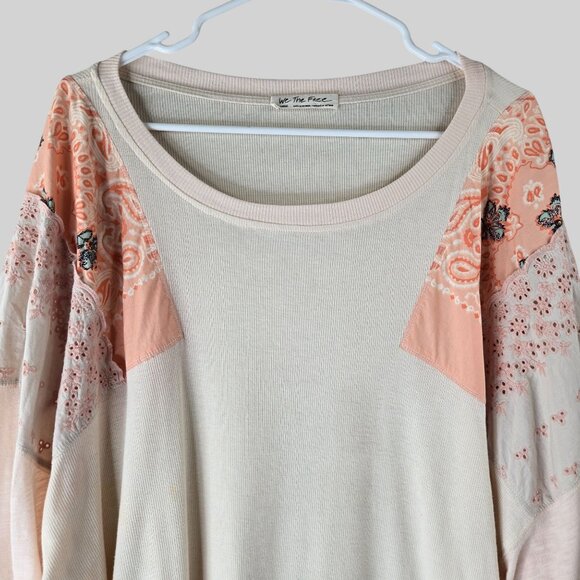 We The Free Patchwork Boho Shirt Lg Light Pink Oversized Relaxed Long Sleeve Top - Picture 4 of 13
